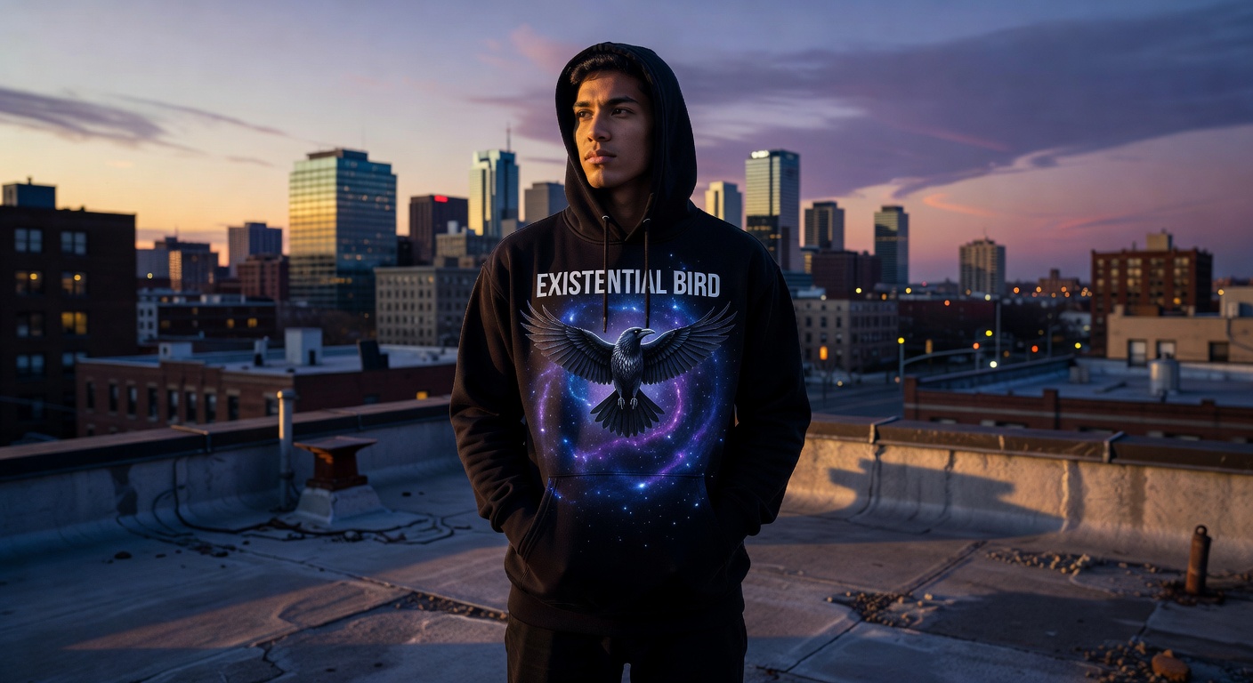 Existential Bird hoodie worn by a person standing on a city rooftop at dusk, cosmic galaxy print sub