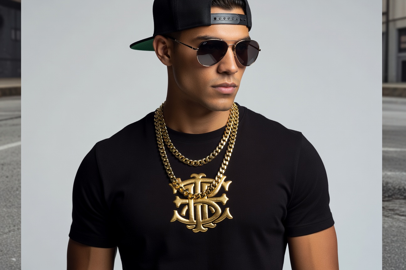 Close-up editorial shot of Gold Logo Black Tee worn with black snapback hat, layered gold chain neck