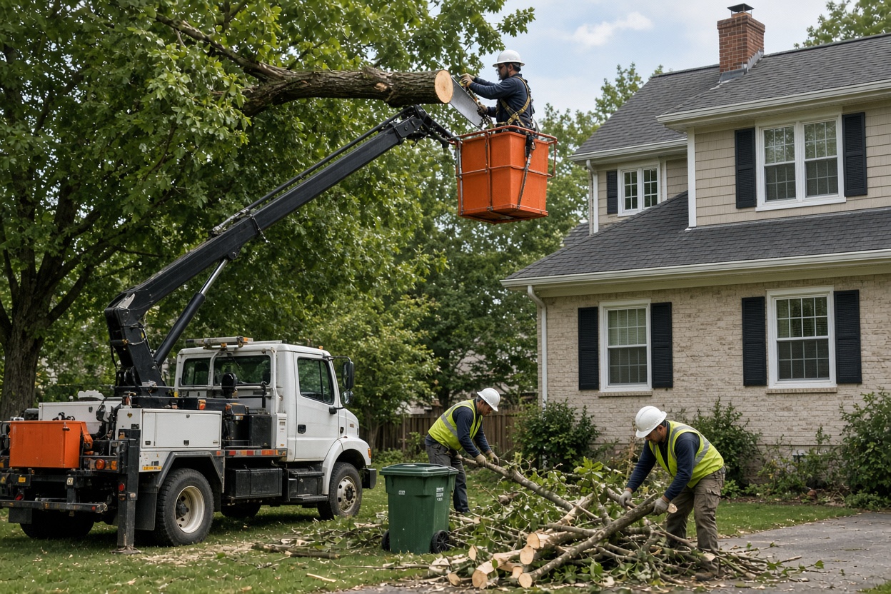 Crew removing a tree close to a house and clearing the yard
