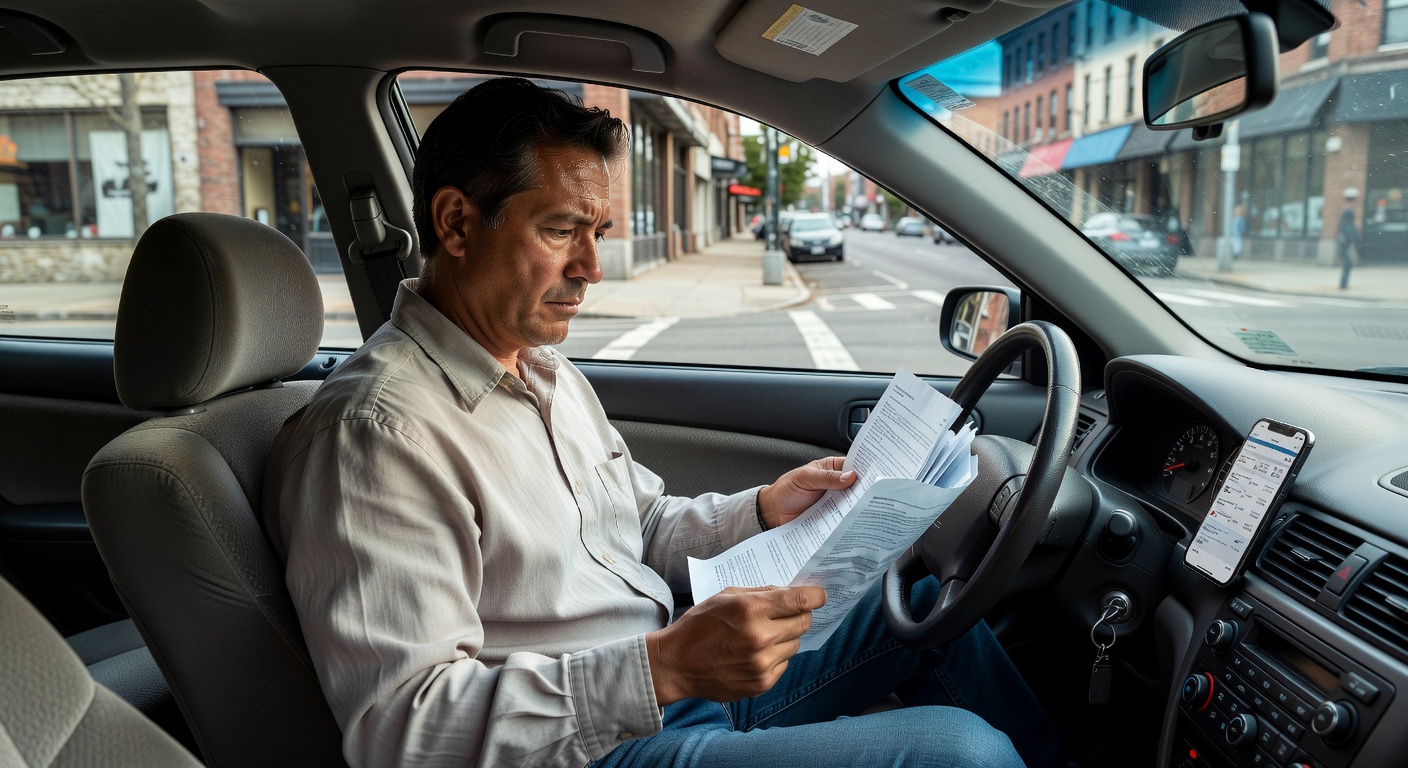 A stressed driver sitting in a parked car looking at insurance paperwork, with a smartphone open to an insurance compari
