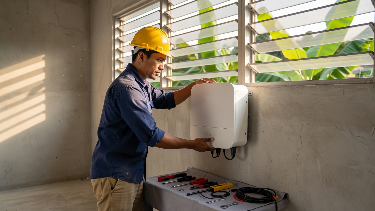 A Filipino solar technician in a yellow hard hat carefully mounts a sleek white Sungrow hybrid inverter on a rendered co