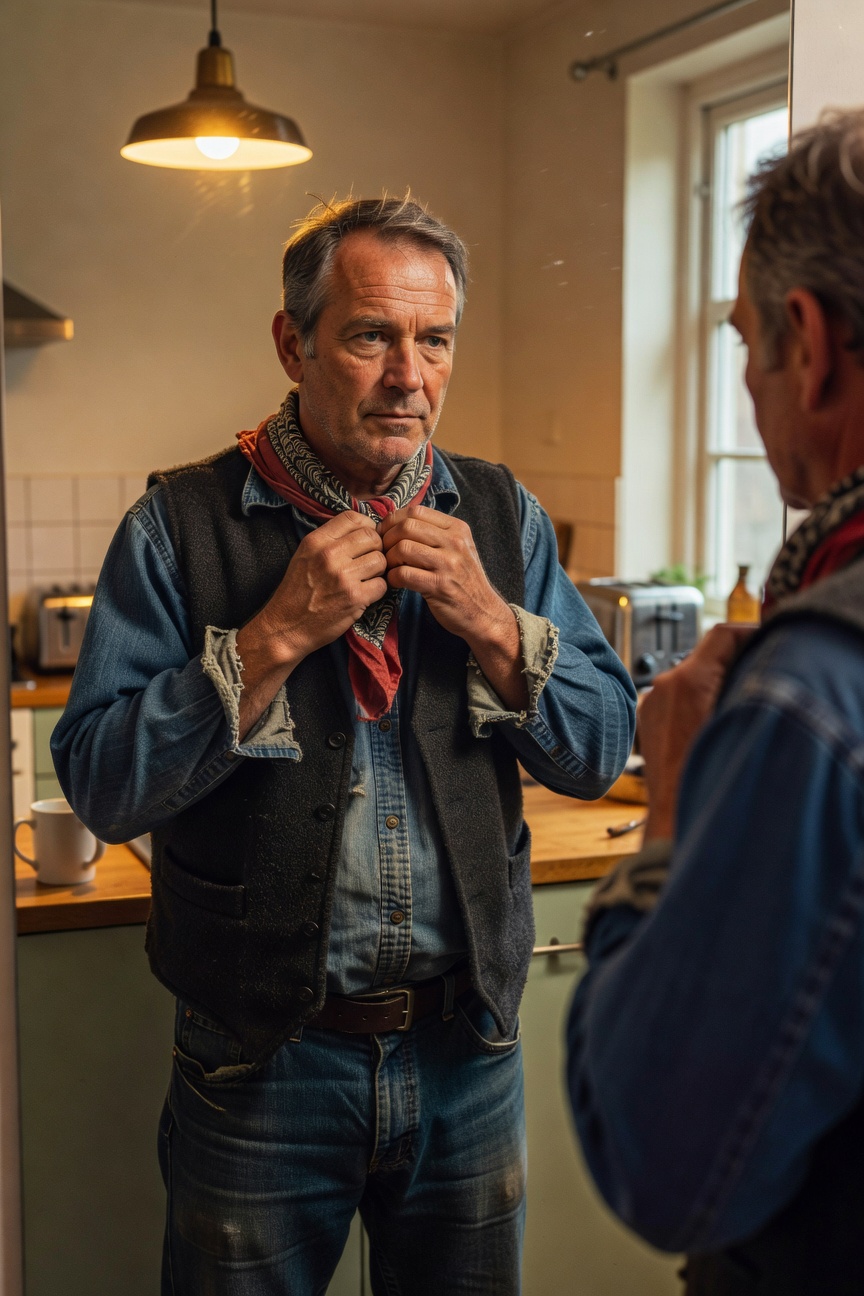 Older man with silver hair adjusting a red bandana around his neck while wearing a faded blue chambray shirt with rolled sleeves, a grey vest, and worn blue jeans, standing in a kitchen mirror reflection