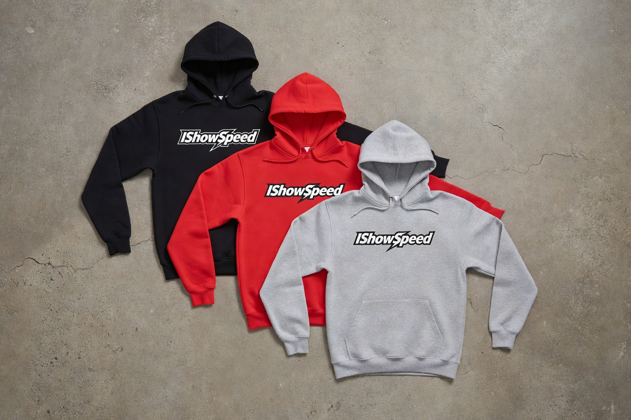 Flat lay product photography of three ranked IShowSpeed hoodies in black, red, and gray on a texture