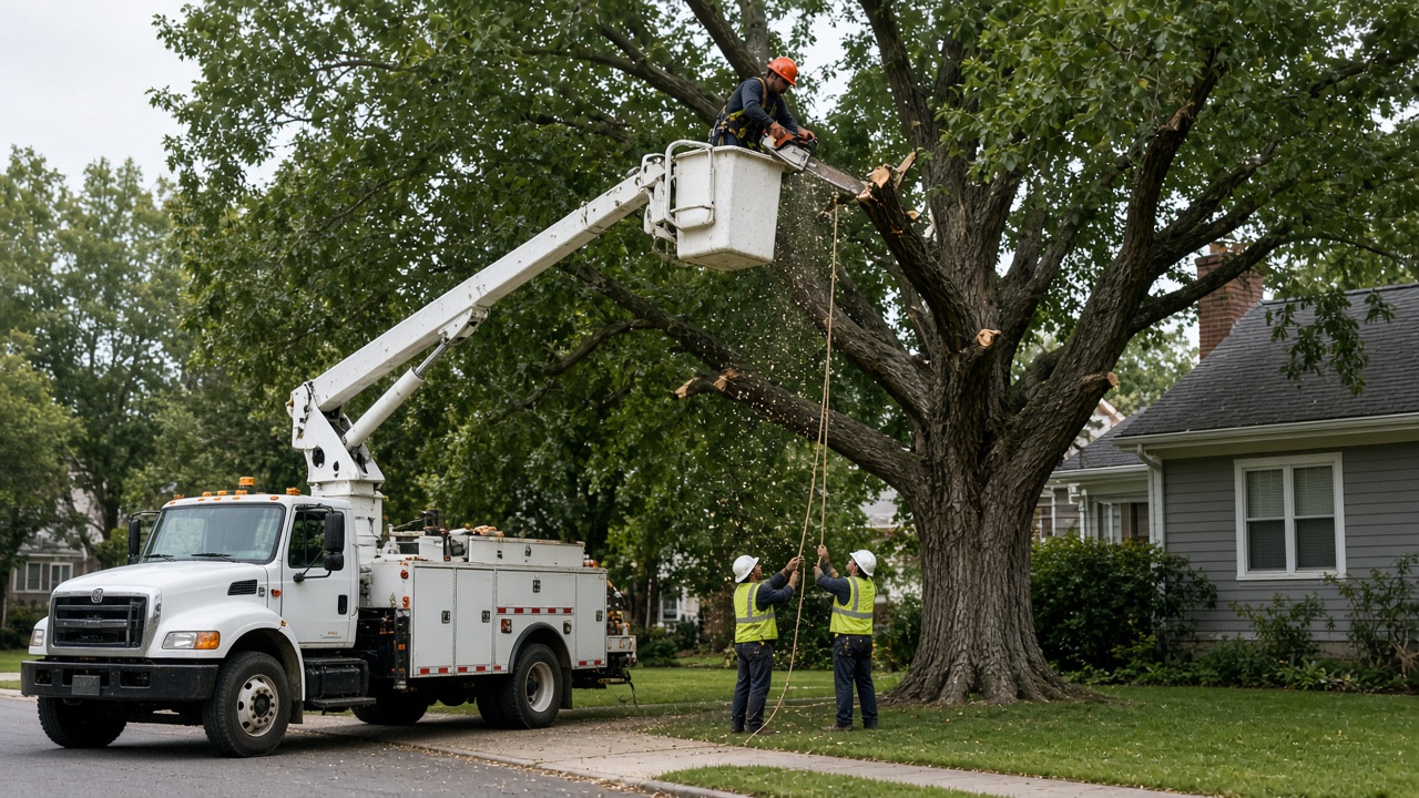 Tree crew in a bucket truck trimming a large hardwood beside a home