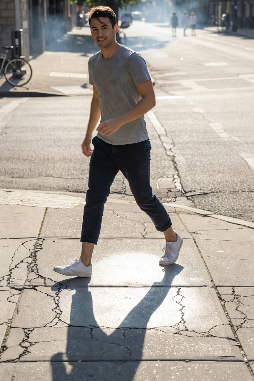 A man walks down a sunlit urban street in a light gray short-sleeved t-shirt, slim navy ankle pants cuffed at the hem, and white sneakers, casting a long shadow on cracked pavement amid hazy background smoke.