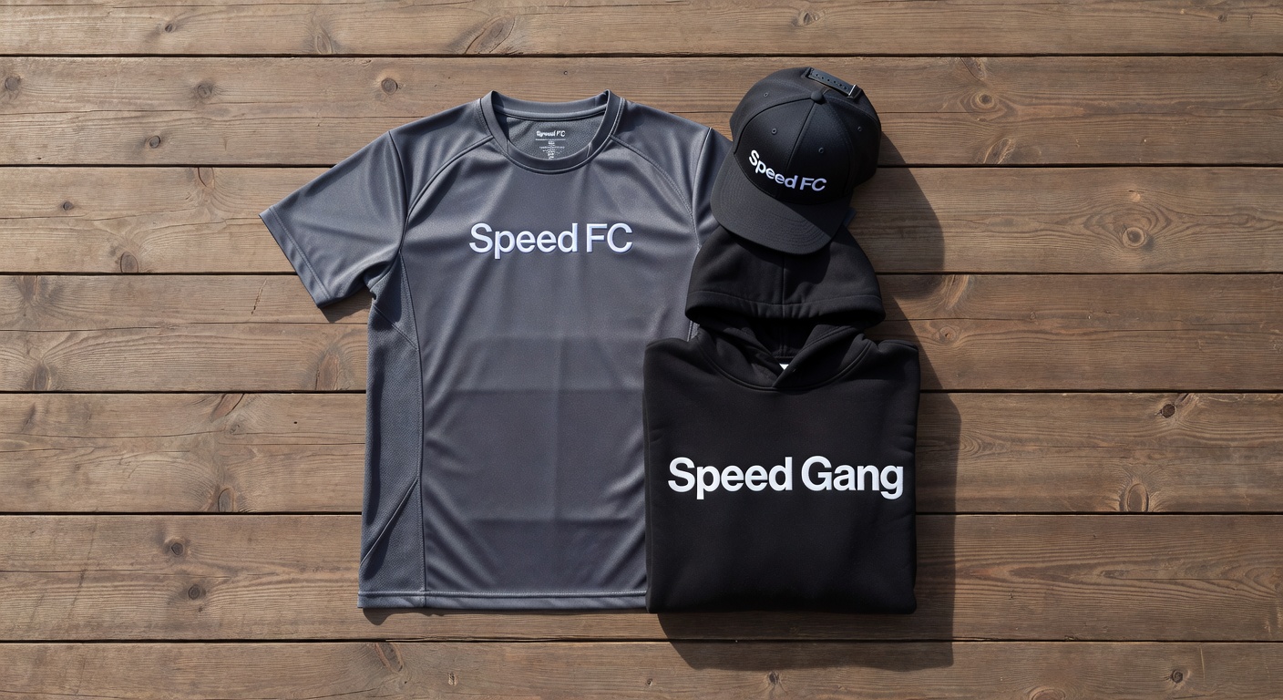 Flat lay of Speed FC Jersey, Snapback hat, and Black Speed Gang Hoodie arranged on wooden soccer fie