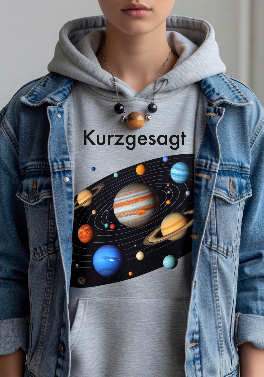 Close-up of layered outfit with Kurzgesagt Solar System Hoodie under denim jacket, accessorized with
