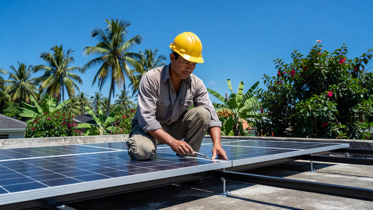 Filipino solar installer in a hard hat examining a solar panel frame and mounting rail on a residential concrete rooftop