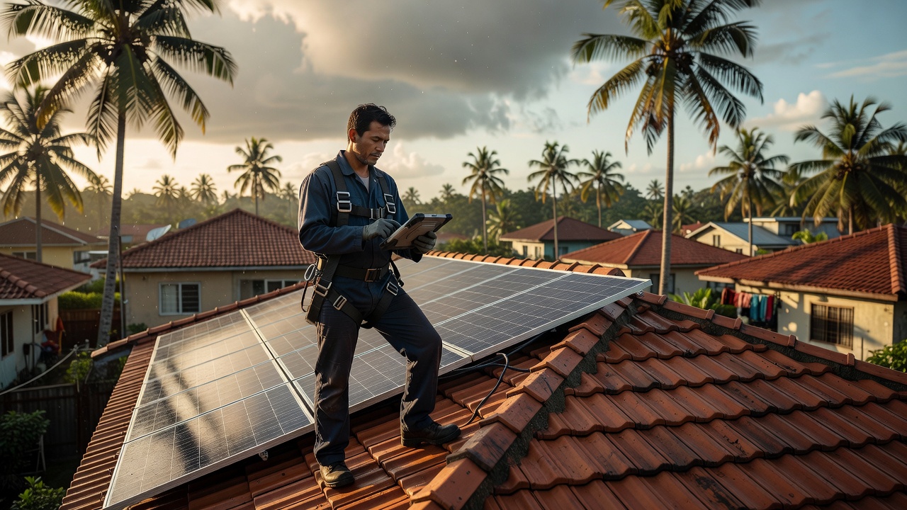 Filipino solar technician in full safety harness standing on a terracotta-tiled residential roof, logging inspection dat