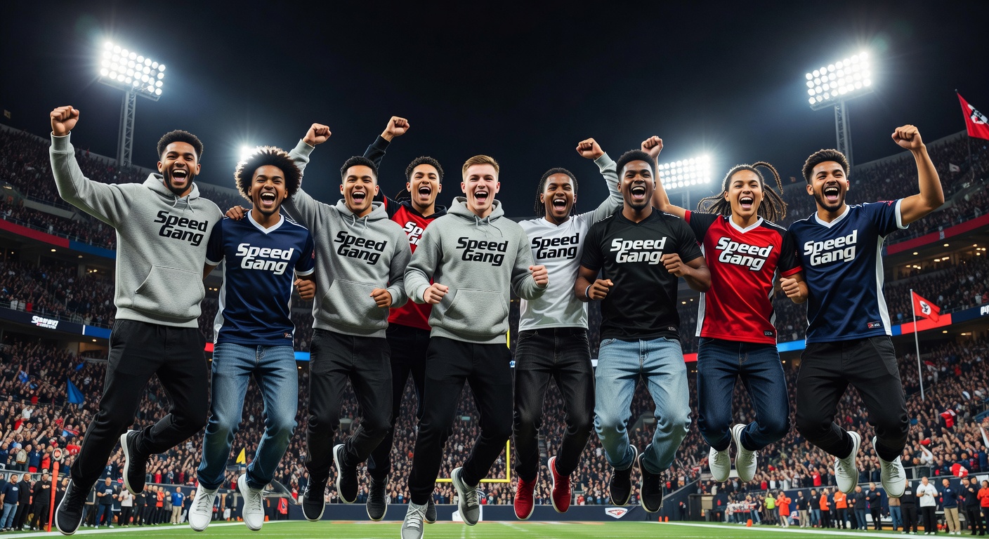 Group of diverse young fans wearing Speed Gang hoodies and jerseys, jumping in excitement at a packe