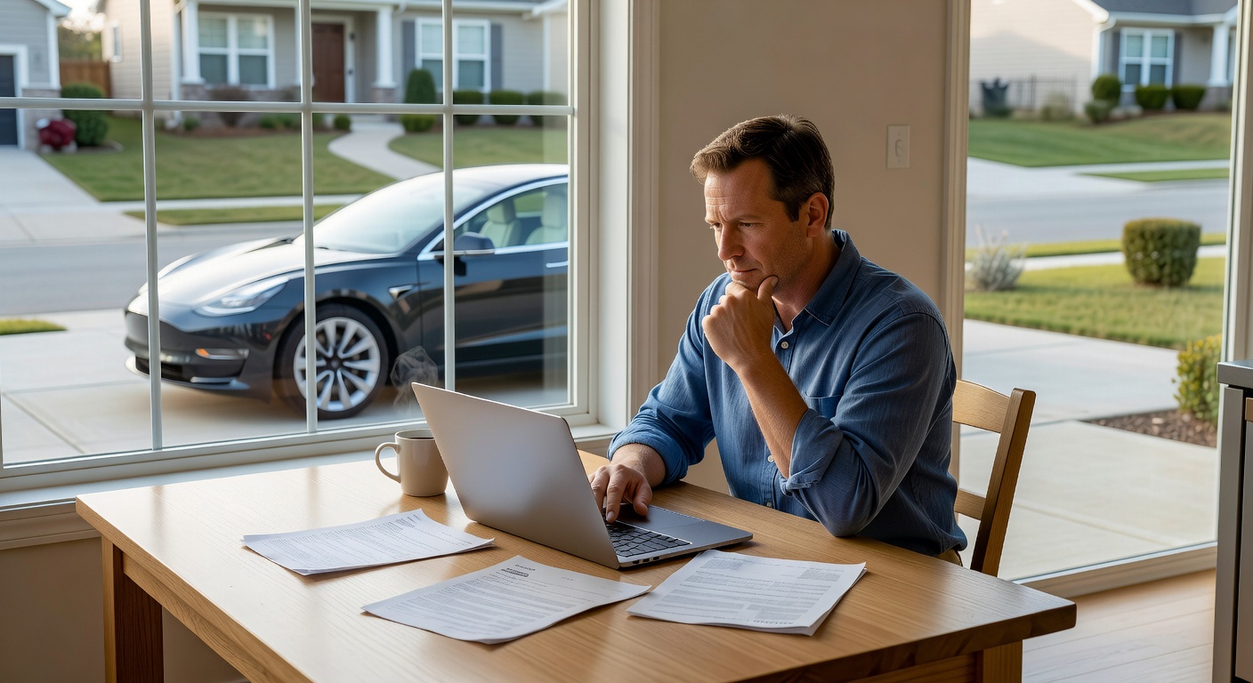 A man comparing car insurance quotes on a laptop at a kitchen table, a Tesla Model 3 visible through the window in the d