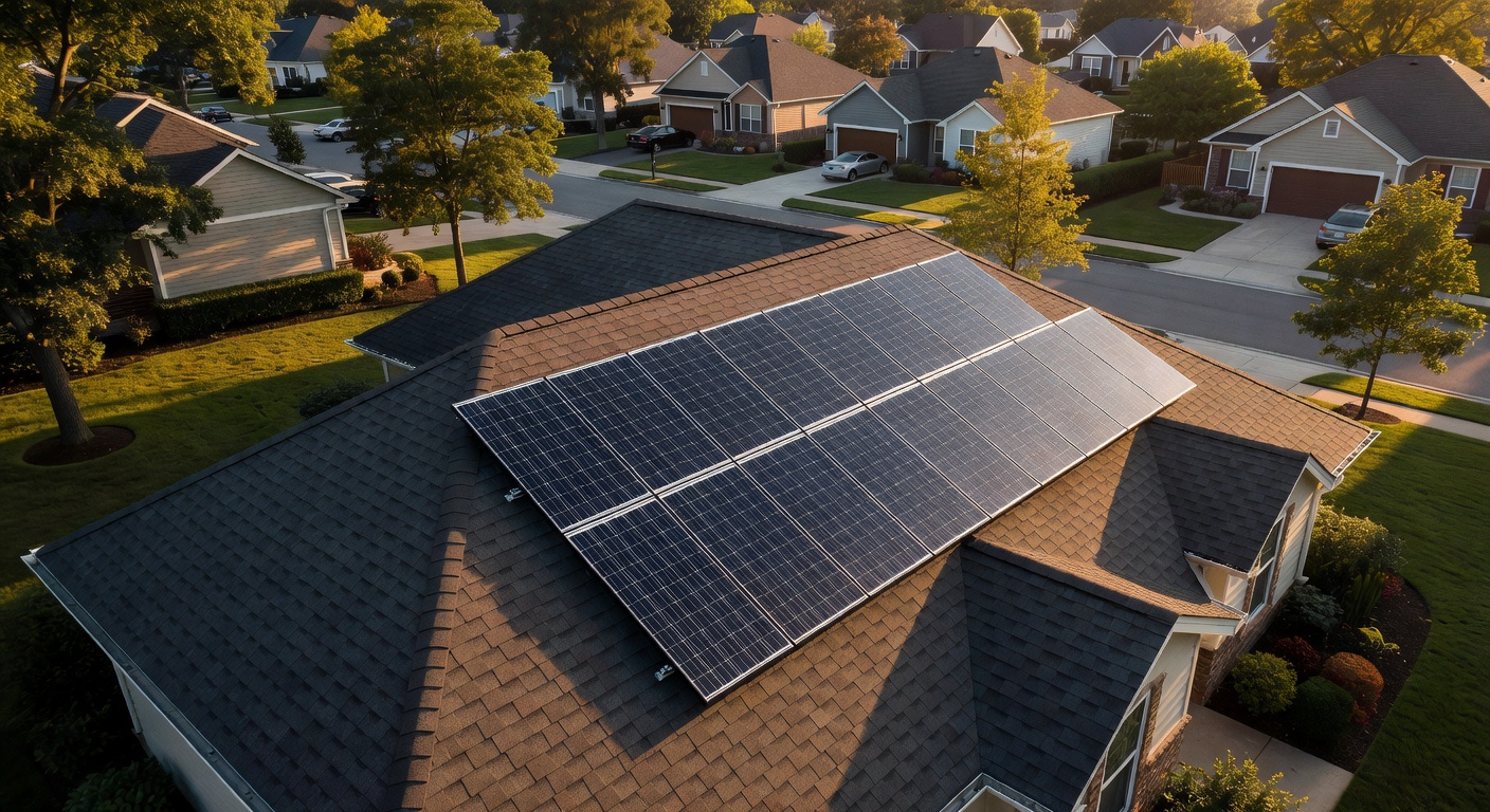 Aerial view of a suburban home with sleek monocrystalline solar panels installed on a sunlit asphalt shingle roof, warm