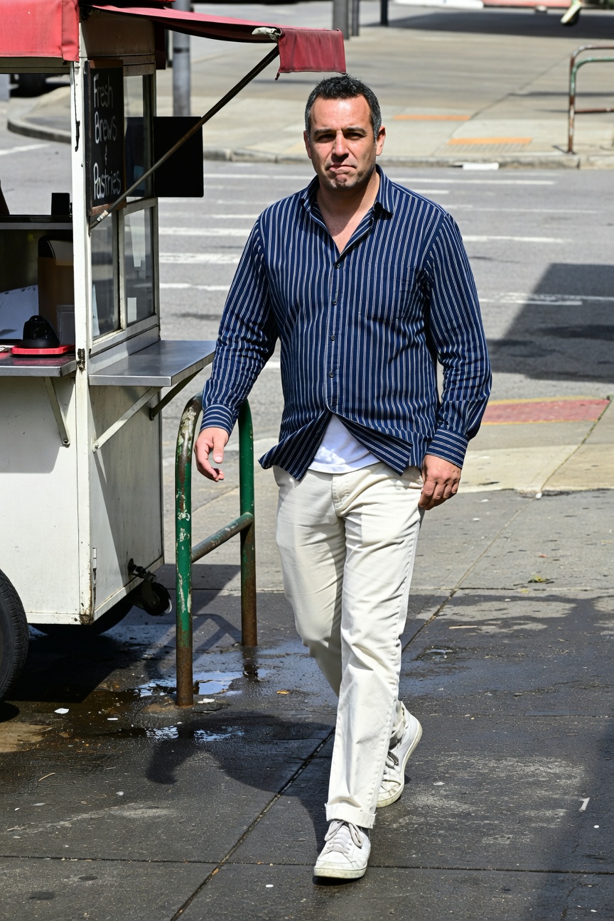 Man in navy blue striped long-sleeve shirt over white tee, cream slim pants, and white sneakers stands casually by a white food cart on a sunny urban sidewalk with red awning and green railing