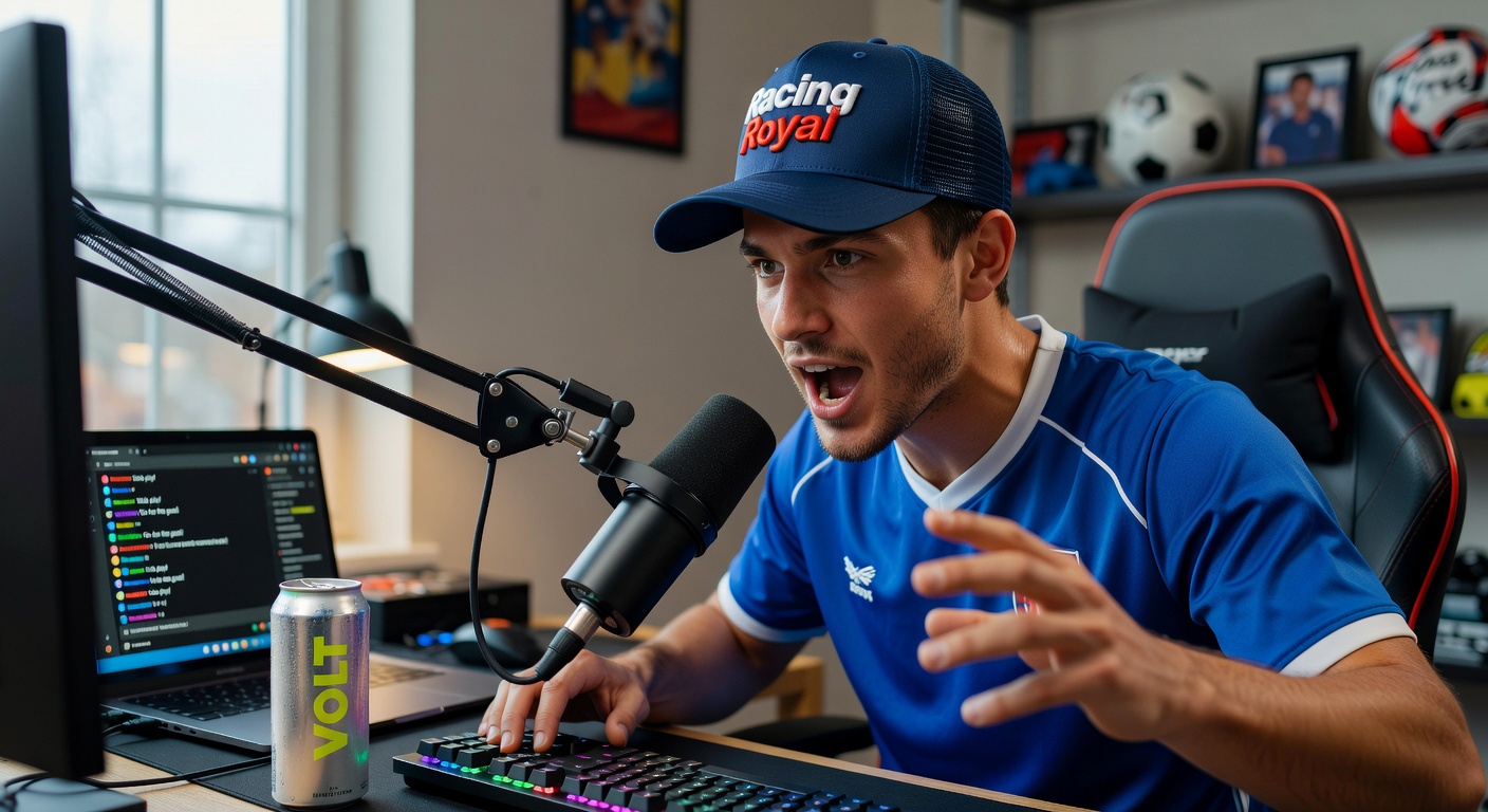Lifestyle editorial photo of young man wearing Racing Royal Trucker Hat streaming at desk with socce