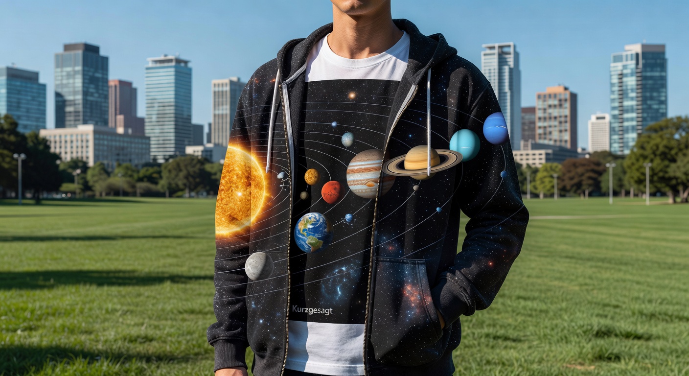 Model wearing Kurzgesagt Solar System Hoodie unzipped over white t-shirt, standing in a park with ci
