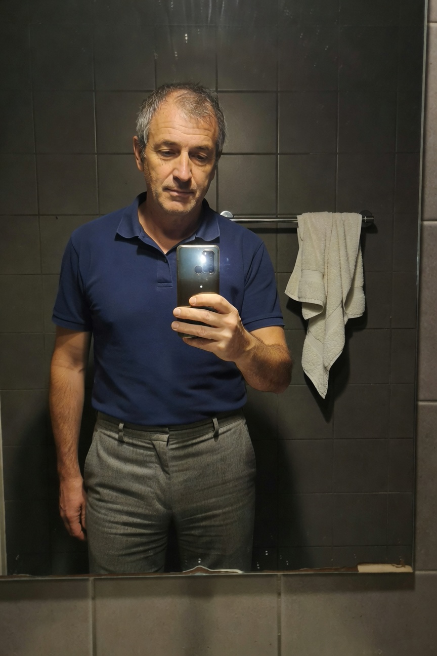 Middle-aged man in navy blue short-sleeve polo shirt and slim gray ankle trousers, taking mirror selfie in steamy bathroom with towel draped nearby