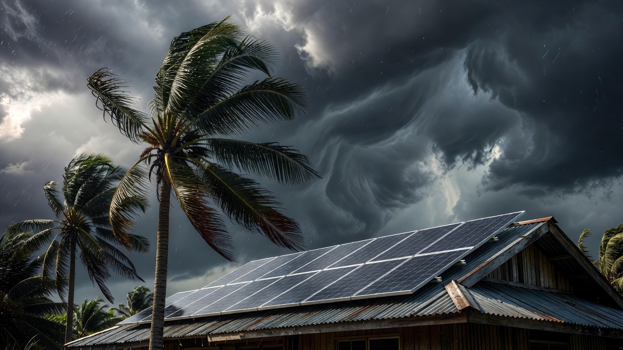 Solar panels installed on a Filipino home rooftop under dramatic cloudy skies, with a coconut palm bending in strong win