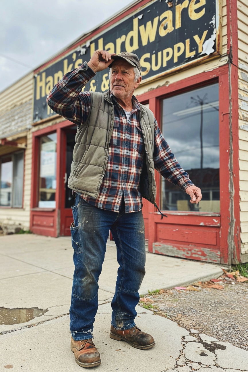 Older man in red-and-blue plaid flannel shirt layered under gray padded vest, faded blue work jeans, and tan leather boots, standing casually with one hand raised holding a baseball cap