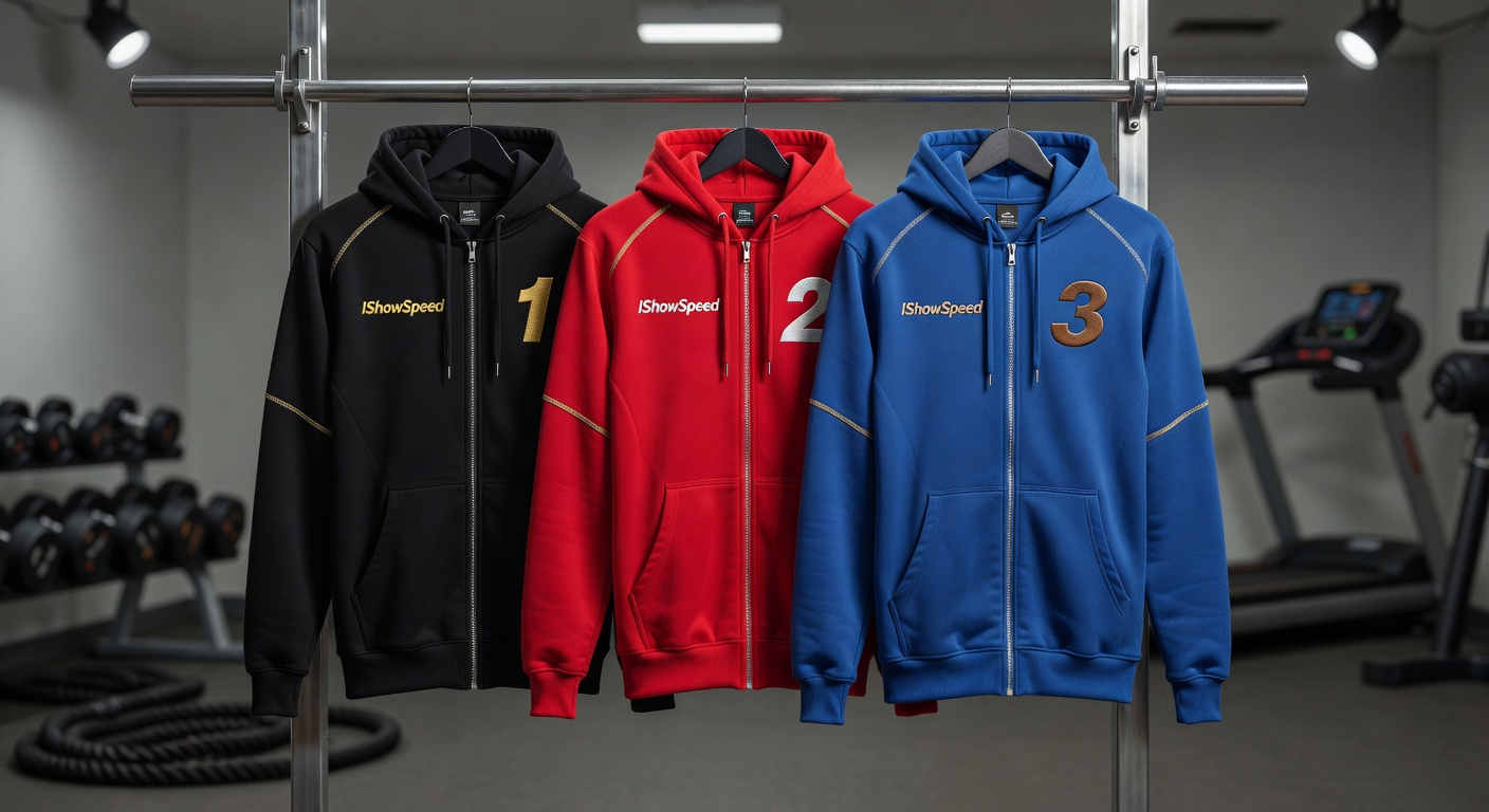 Three ranked IShowSpeed hoodies hung on a gym rack in a high-energy workout space, professional prod