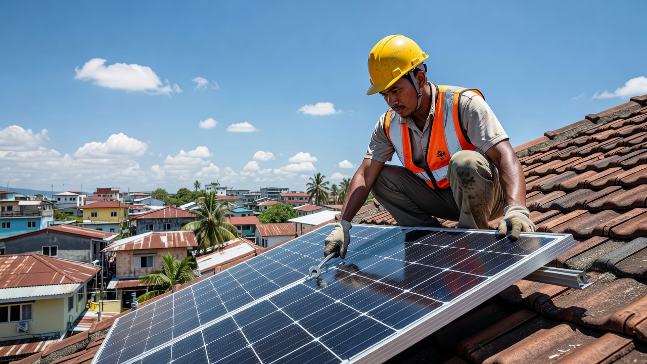 A Filipino solar technician in a high-visibility vest and hard hat crouches on a steep residential rooftop, bolting down