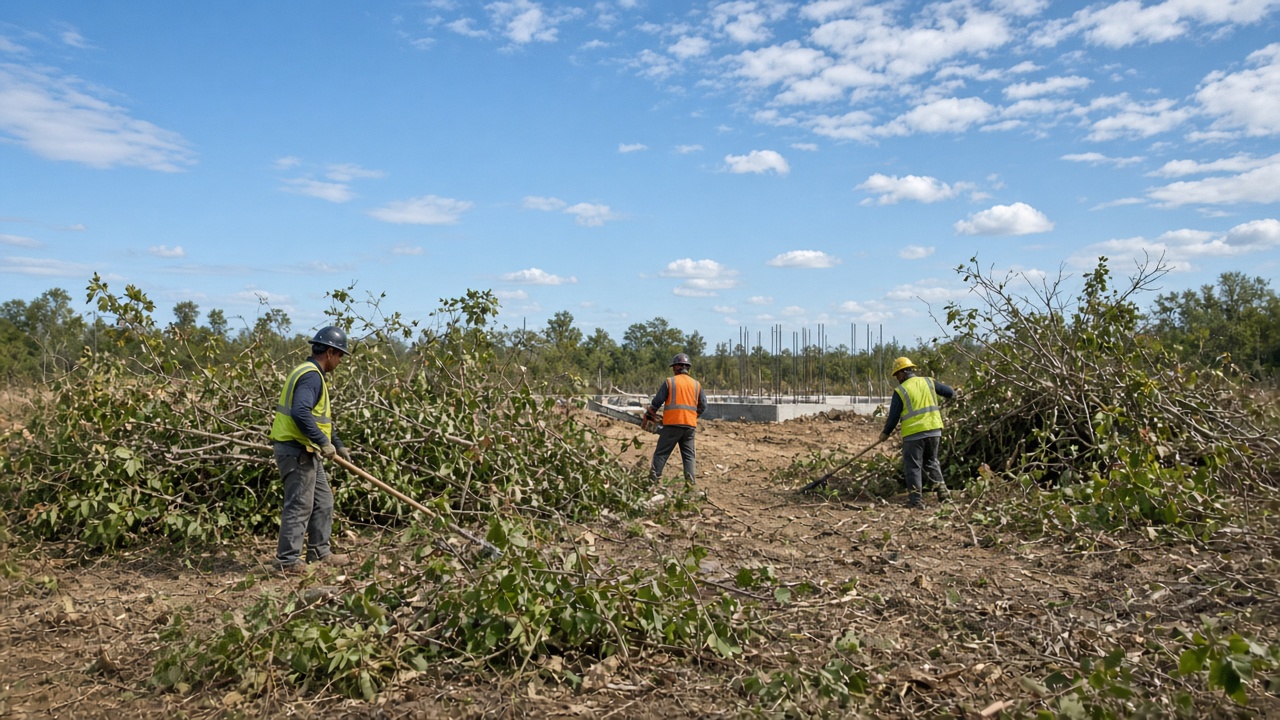 Crew clearing brush and trees from an overgrown lot
