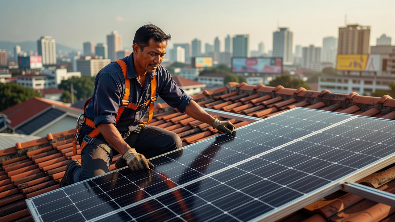 A DOE-accredited Filipino solar installer in a bright orange safety harness carefully mounting monocrystalline panels on