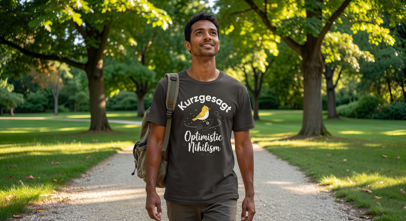 Person wearing Kurzgesagt Optimistic Nihilism shirt walking in a sunny park, mid-30s diverse model w