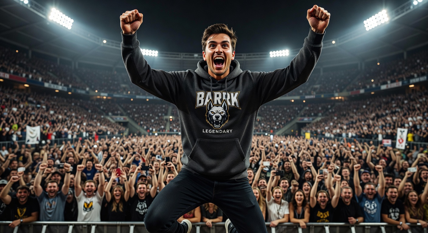 Legendary Bark Hoodie worn by a fan jumping in excitement at a live event, dynamic action shot with 