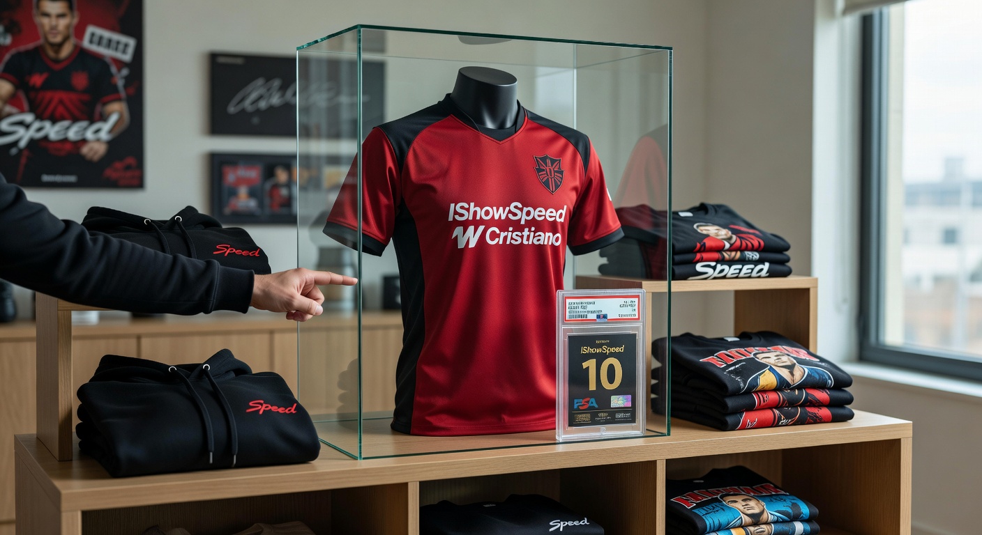 Collector displaying a graded rare IShowSpeed W Cristiano jersey in a glass case on a modern shelf, 