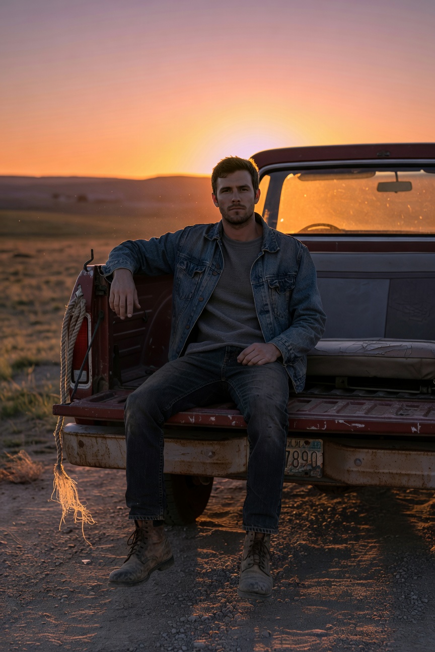 Man in light wash denim jacket over gray t-shirt, dark faded jeans, and brown leather boots, sitting casually on vintage truck tailgate