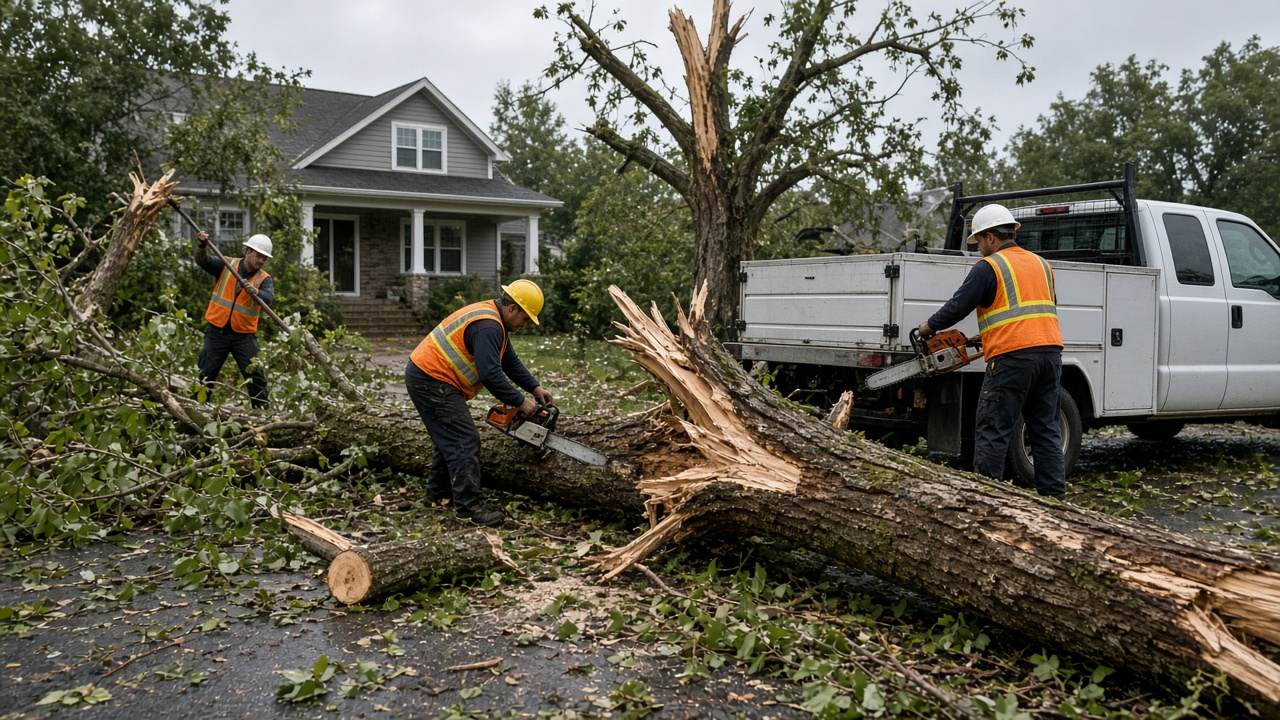 Crew clearing a fallen tree from a driveway after a storm