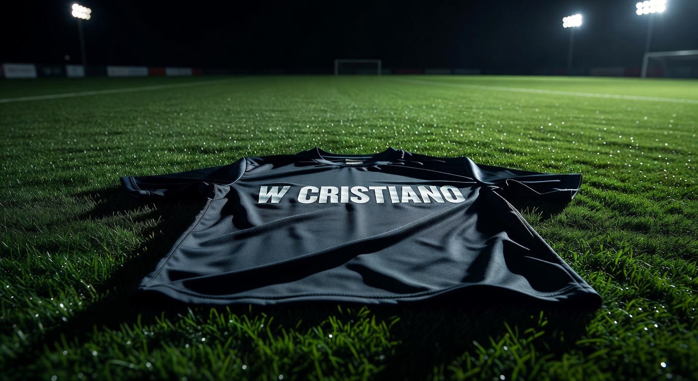 Close-up of W Cristiano Shirt laid flat on a soccer field turf, bold chest graphic in sharp focus un