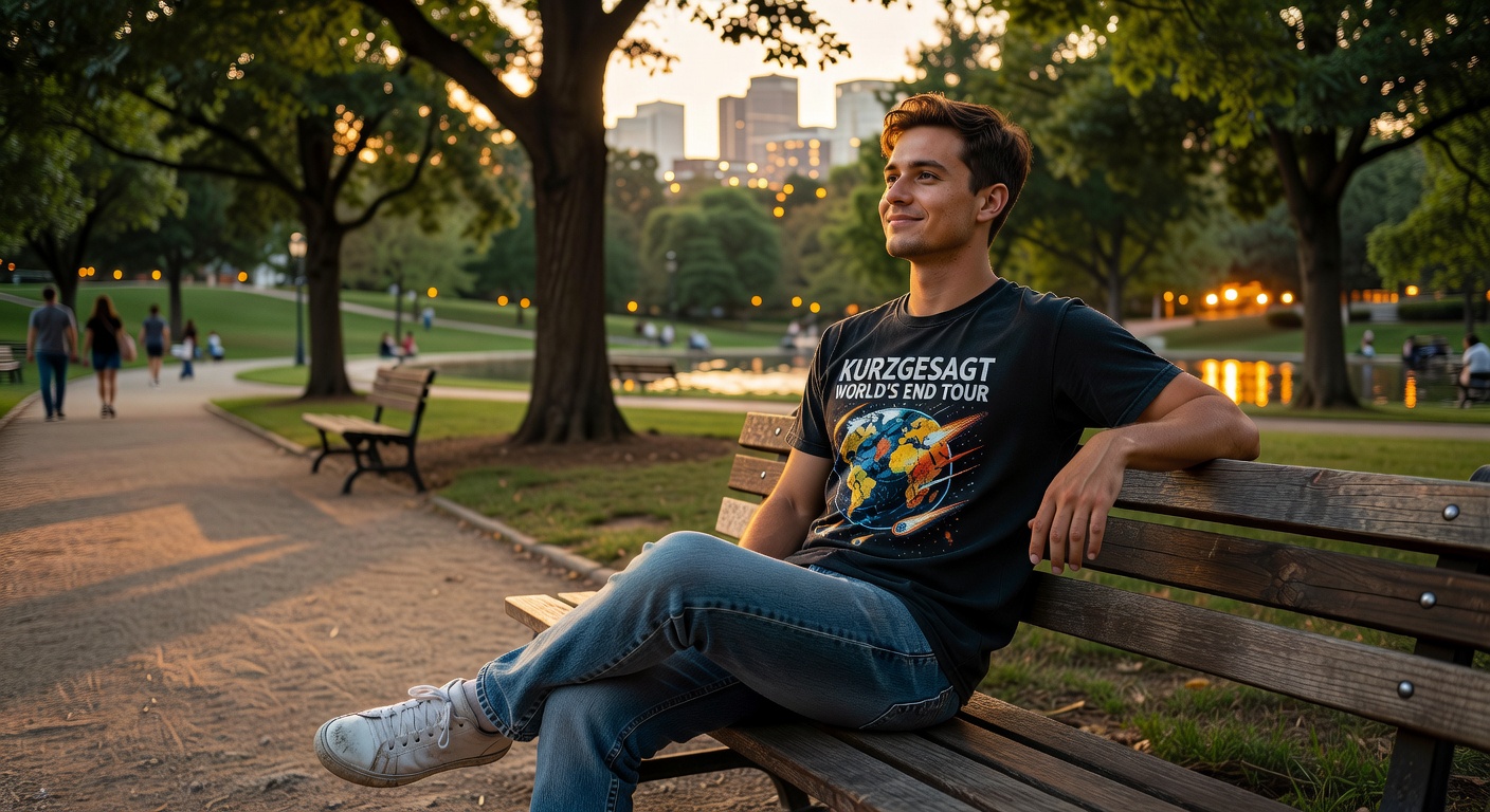 Person wearing Kurzgesagt World's End Tour Shirt styled casually with jeans and sneakers in an urban