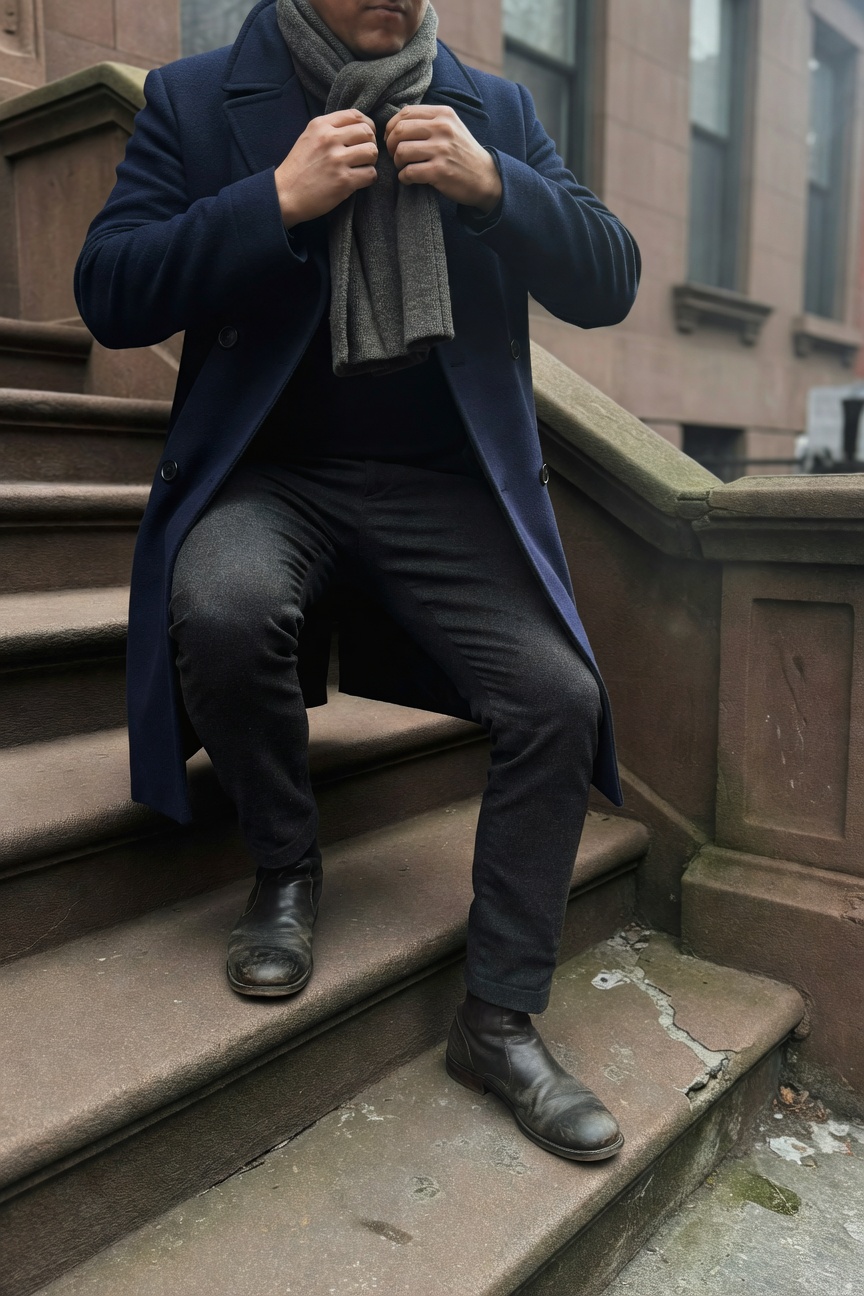 Man sitting on brownstone steps in navy wool overcoat, gray scarf, black turtleneck, slim black ankle trousers, and black leather Chelsea boots, hands adjusting scarf, urban fall setting.