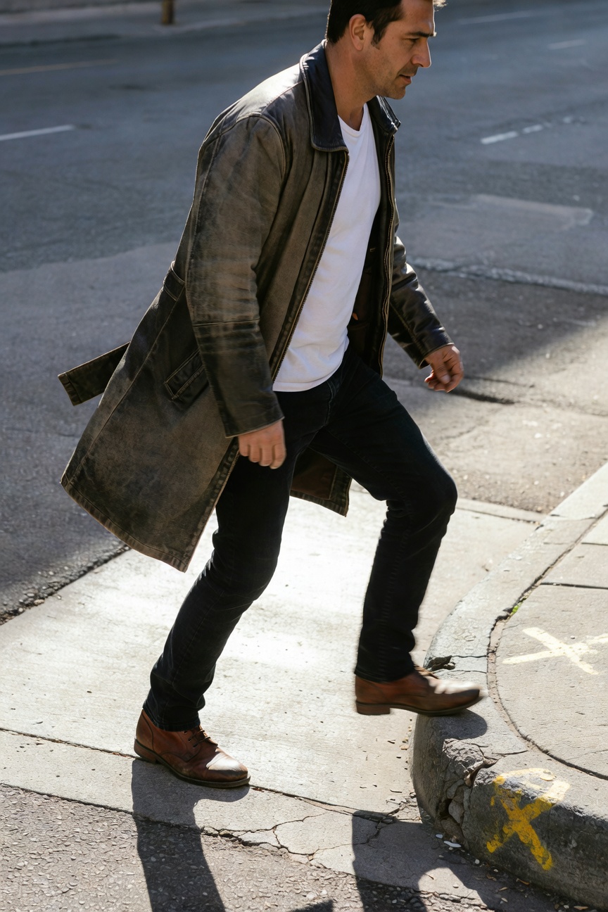 Man walking in a long distressed olive-brown leather trench coat over white t-shirt, dark slim jeans, and brown leather shoes on urban street