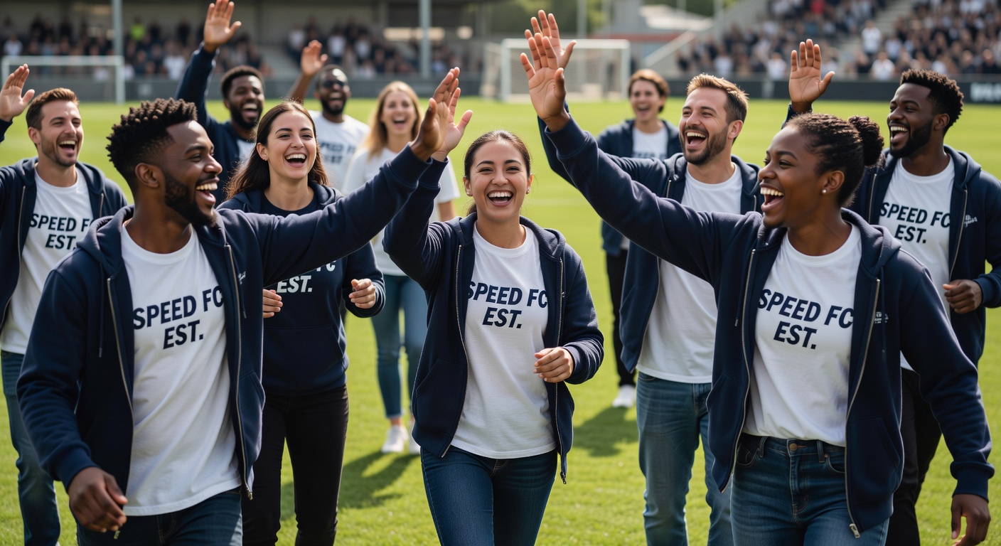 Group of diverse football fans wearing Speed FC EST. Tee paired with Navy Hoodie, high-fiving on a s
