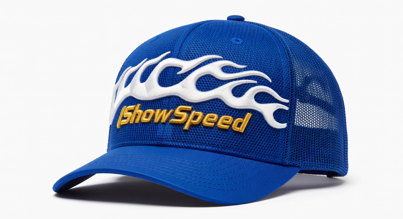 Close-up professional product photography of Racing Royal Trucker Hat on white studio background, ro