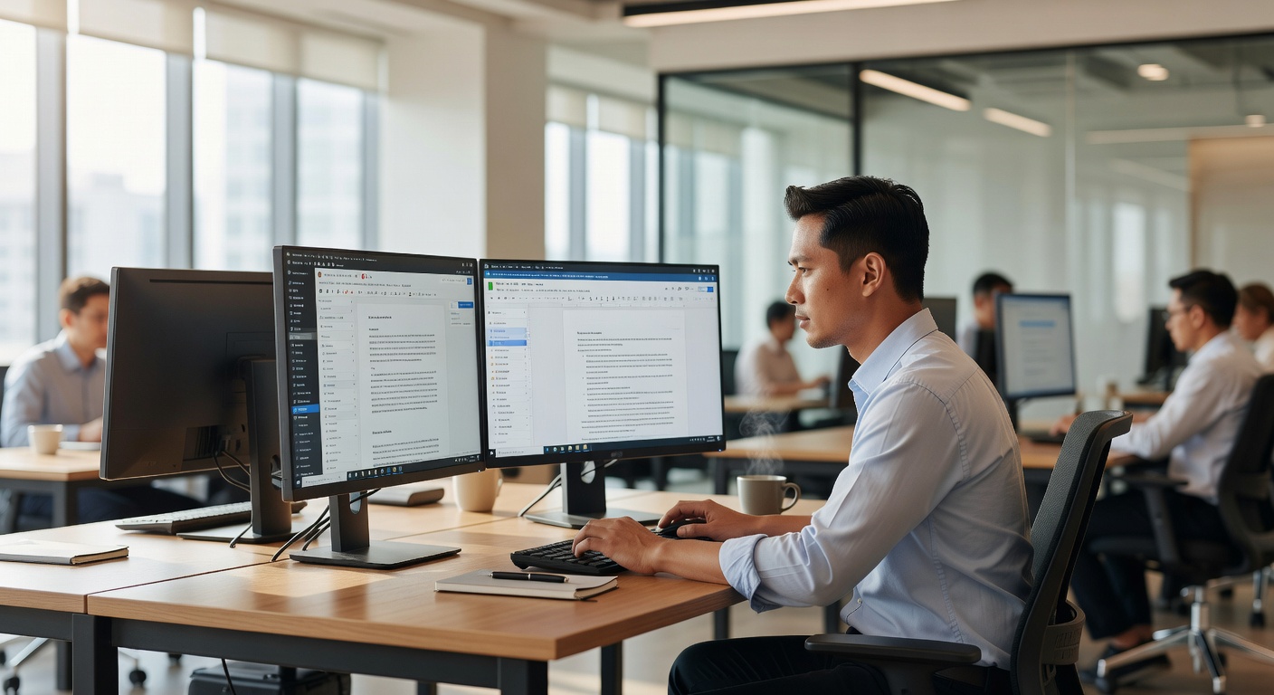 Filipino content writer working at a bright modern desk in a Manila co-working space, dual monitors showing a WordPress