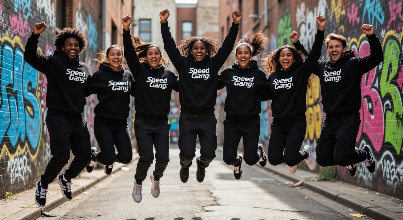 Professional lifestyle photo of a diverse group of young fans wearing Speed Gang hoodies, jumping ex