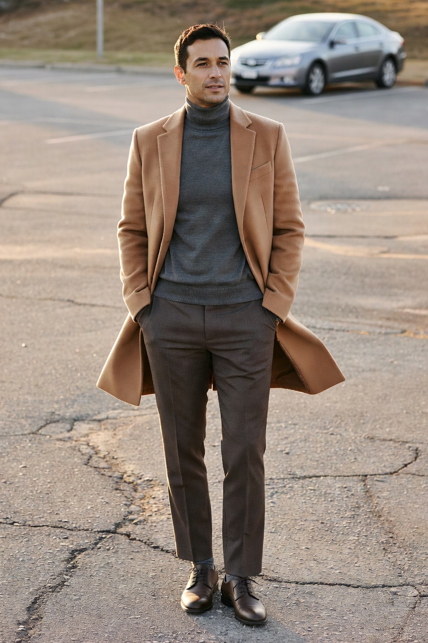 Man in camel wool overcoat over grey turtleneck sweater and slim grey trousers with brown leather brogues, hands in pockets, standing confidently in sunlit parking lot