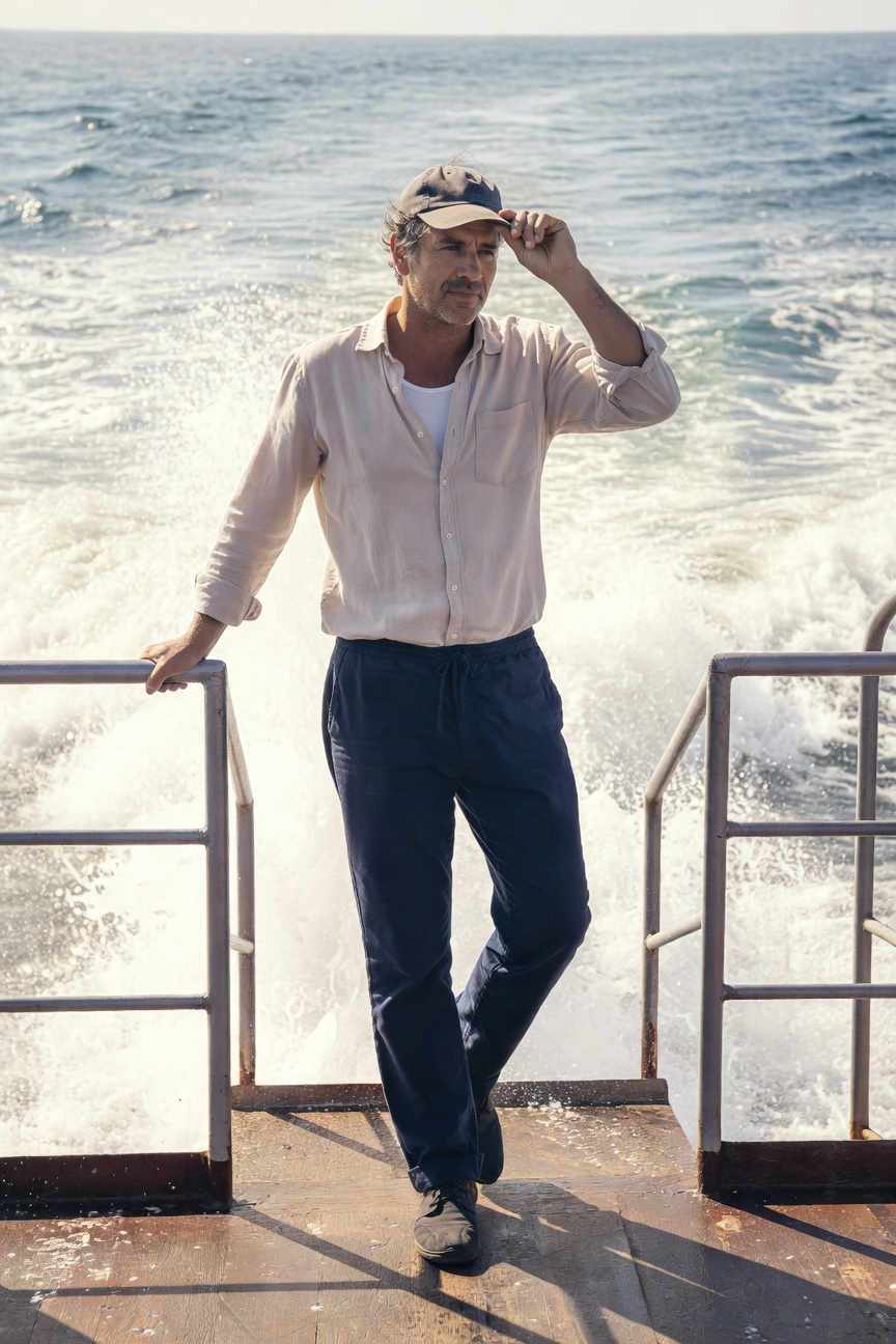 Handsome man in his 40s leaning on boat railing at sunset, wearing an open pale beige linen shirt over white tank, navy drawstring trousers, brown loafers, and navy cap, ocean waves crashing behind with golden light highlighting the relaxed elevated summer look