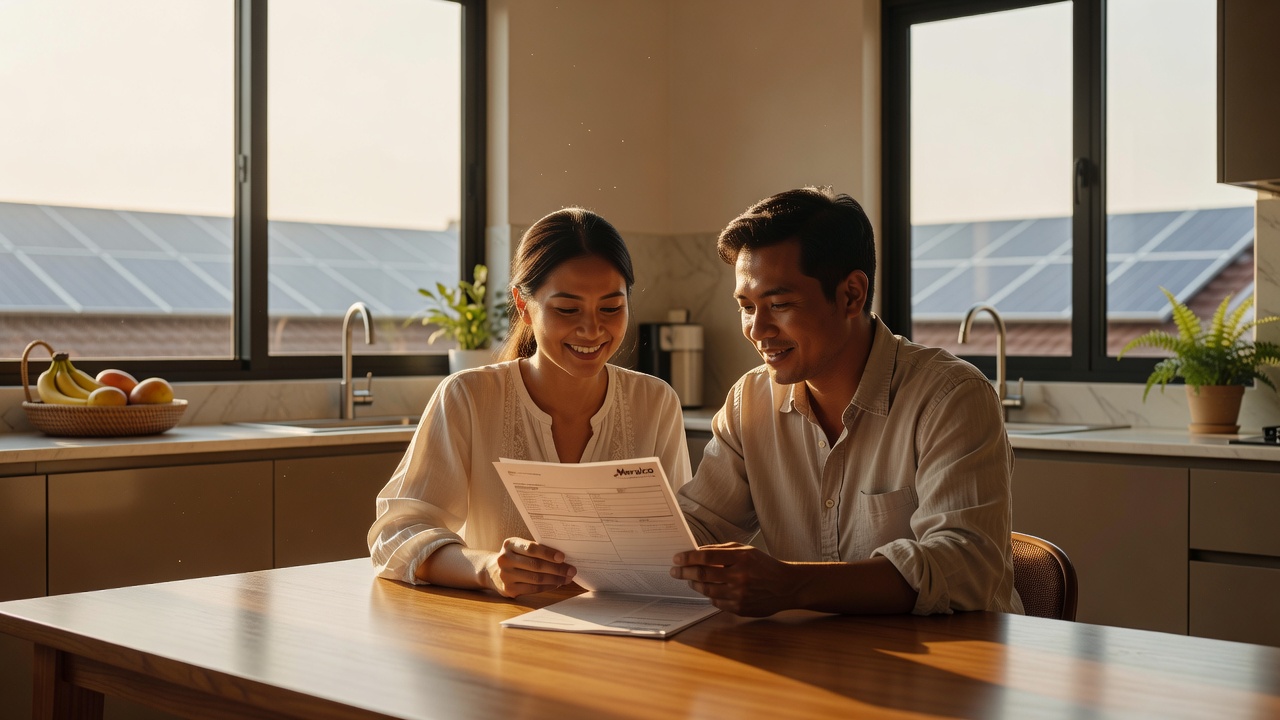 A Philippine couple in their mid-thirties sitting at a well-lit kitchen table reviewing a sharply reduced Meralco electr