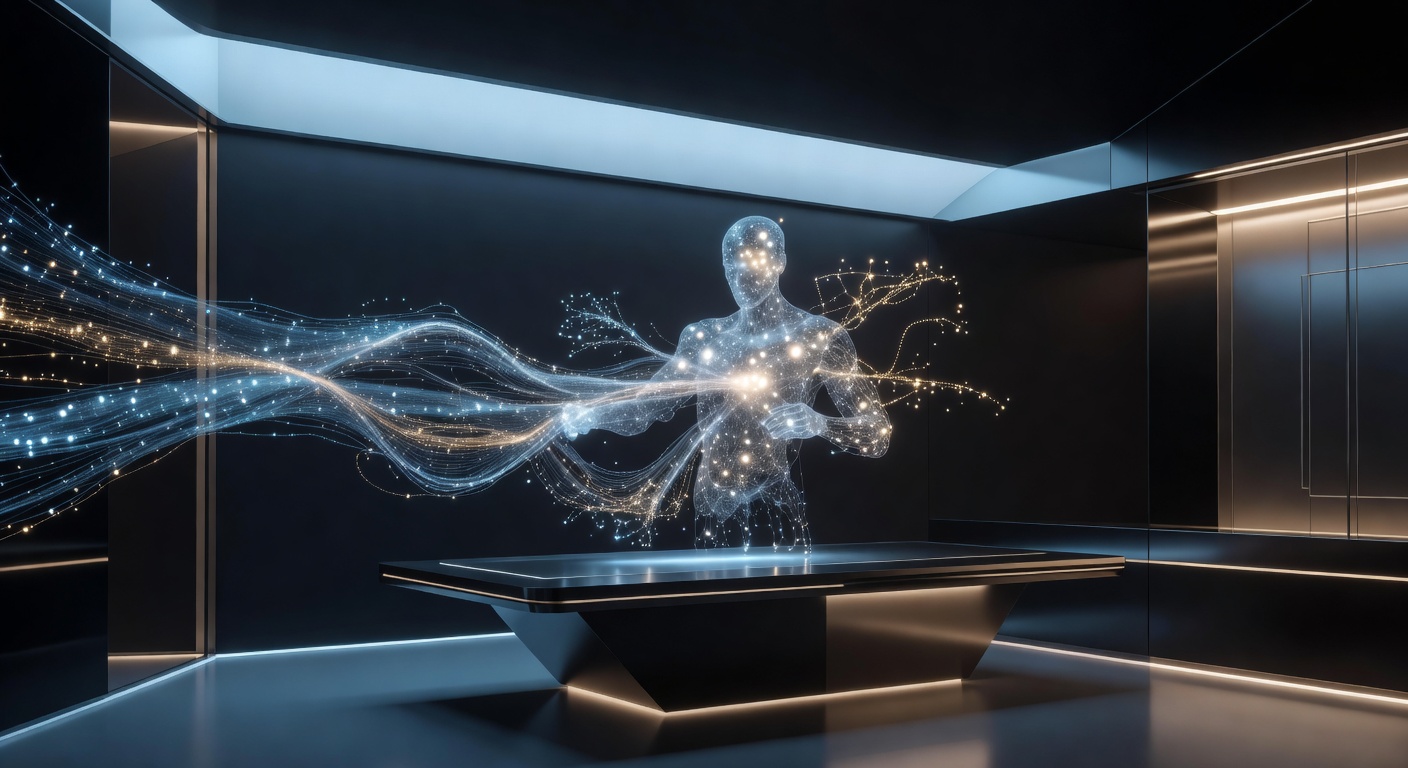 Futuristic AI agent analyzing data streams in a digital workspace