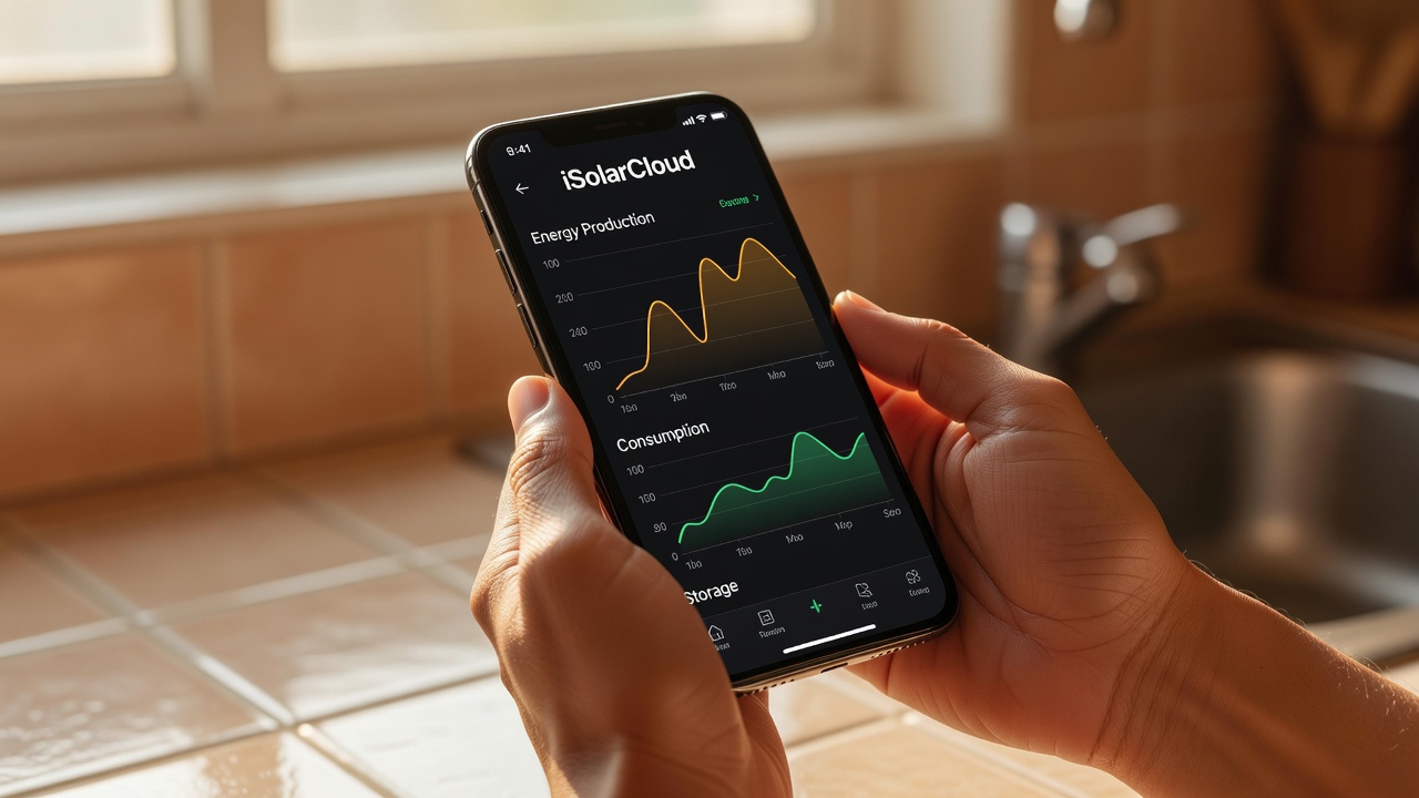 Tight editorial shot of a Filipino homeowner's hands holding a smartphone displaying the iSolarCloud dashboard — real-ti