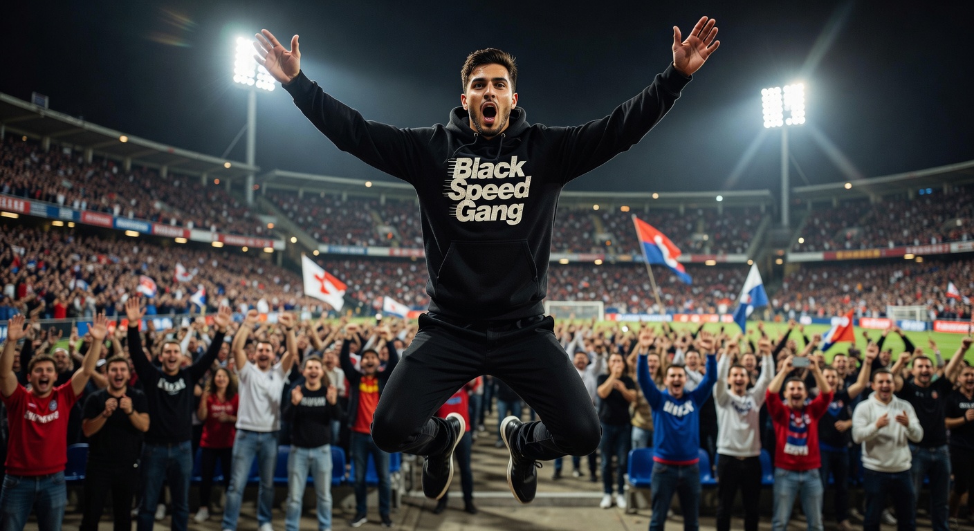 Black Speed Gang hoodie worn by a fan jumping mid-air at a soccer match, dynamic action shot, stadiu