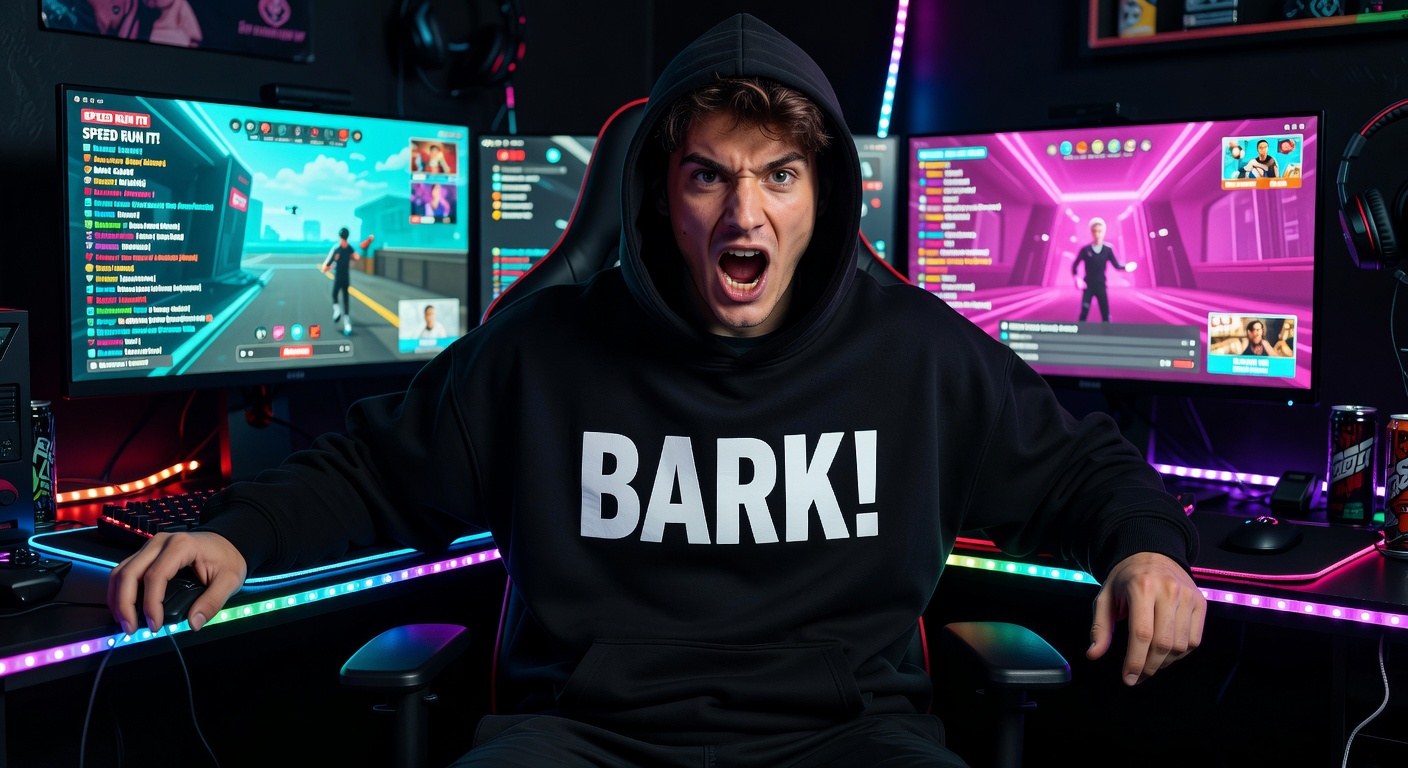 Oversized black BARK! hoodie on a young male model mimicking IShowSpeed's streaming pose, seated at 