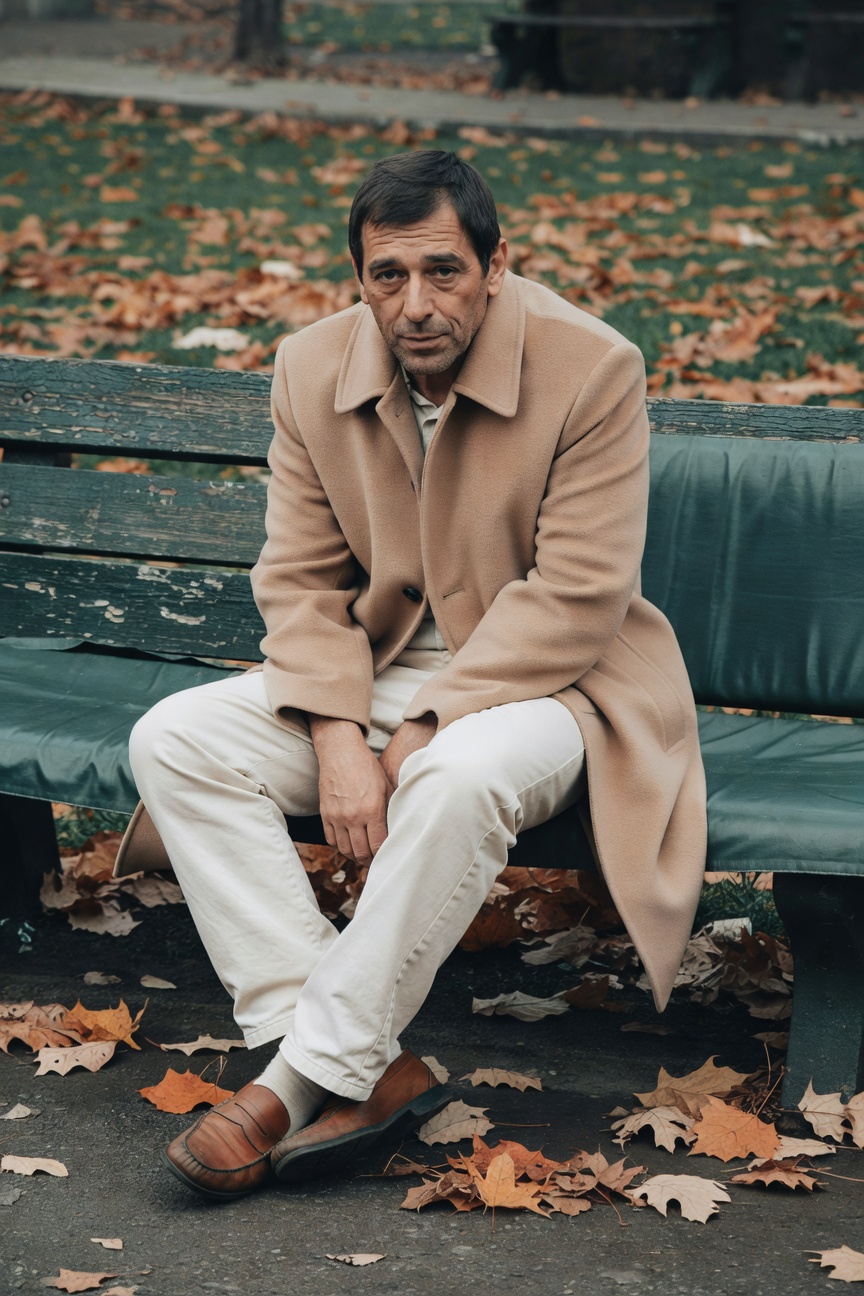 Man in cream trousers, camel overcoat, white shirt, and brown loafers sits pensively on a green park bench surrounded by autumn leaves.