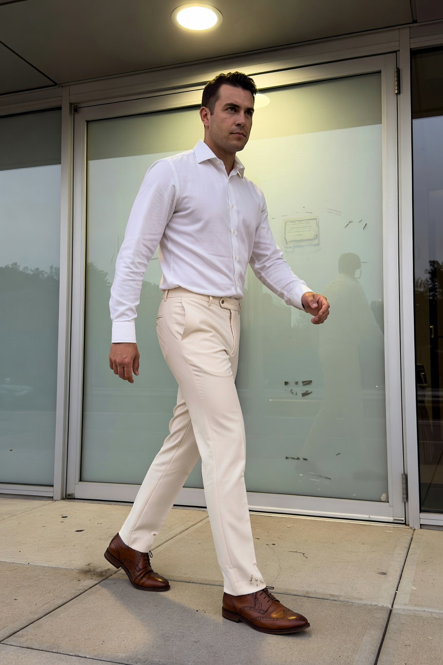 A sharply dressed man in a crisp white long-sleeve button-up shirt, light cream tailored trousers, and polished brown leather dress shoes walks confidently toward frosted glass entrance doors in a modern building under warm overhead lighting