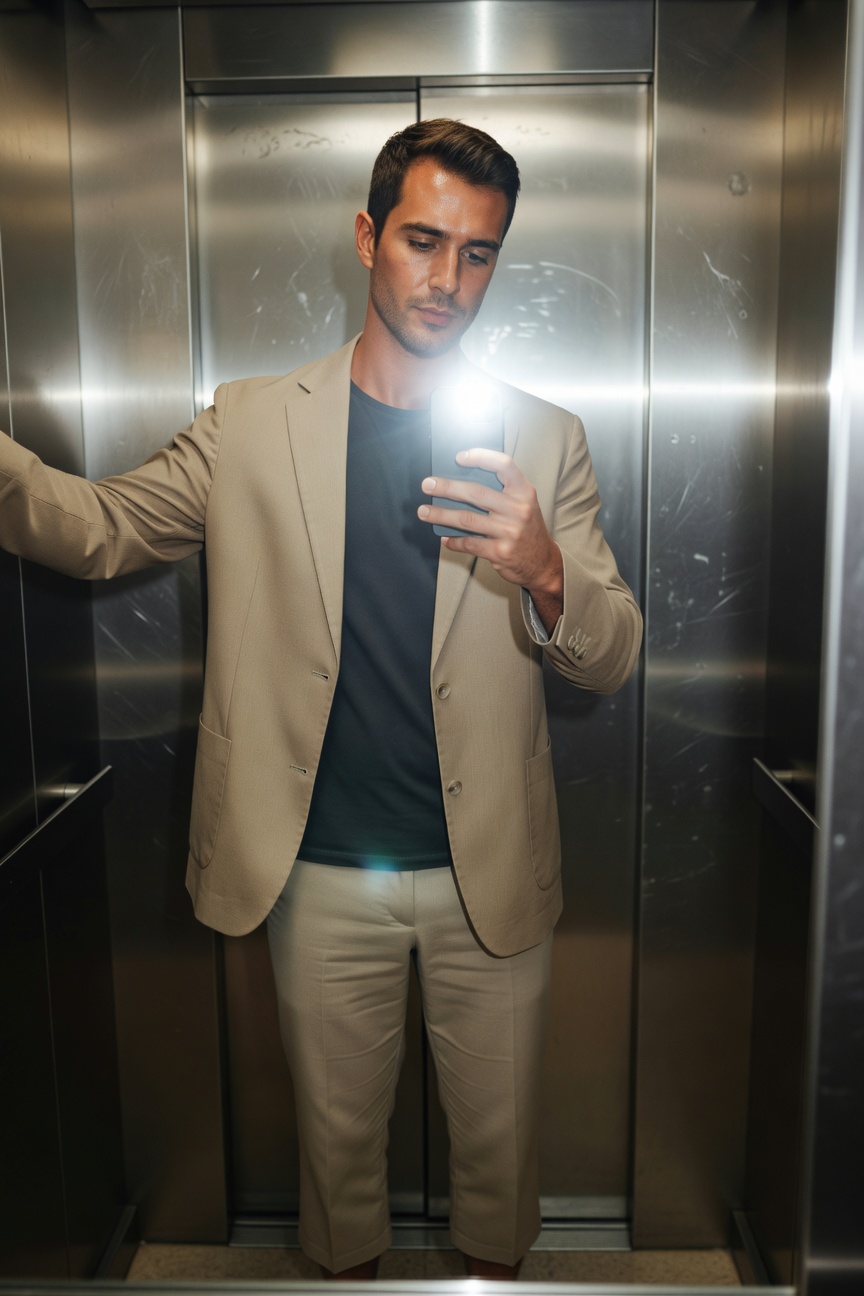 Man taking elevator mirror selfie in light beige linen blazer over black crewneck tee with matching slim beige linen trousers, barefoot on tiled floor, modern sleek summer suiting vibe