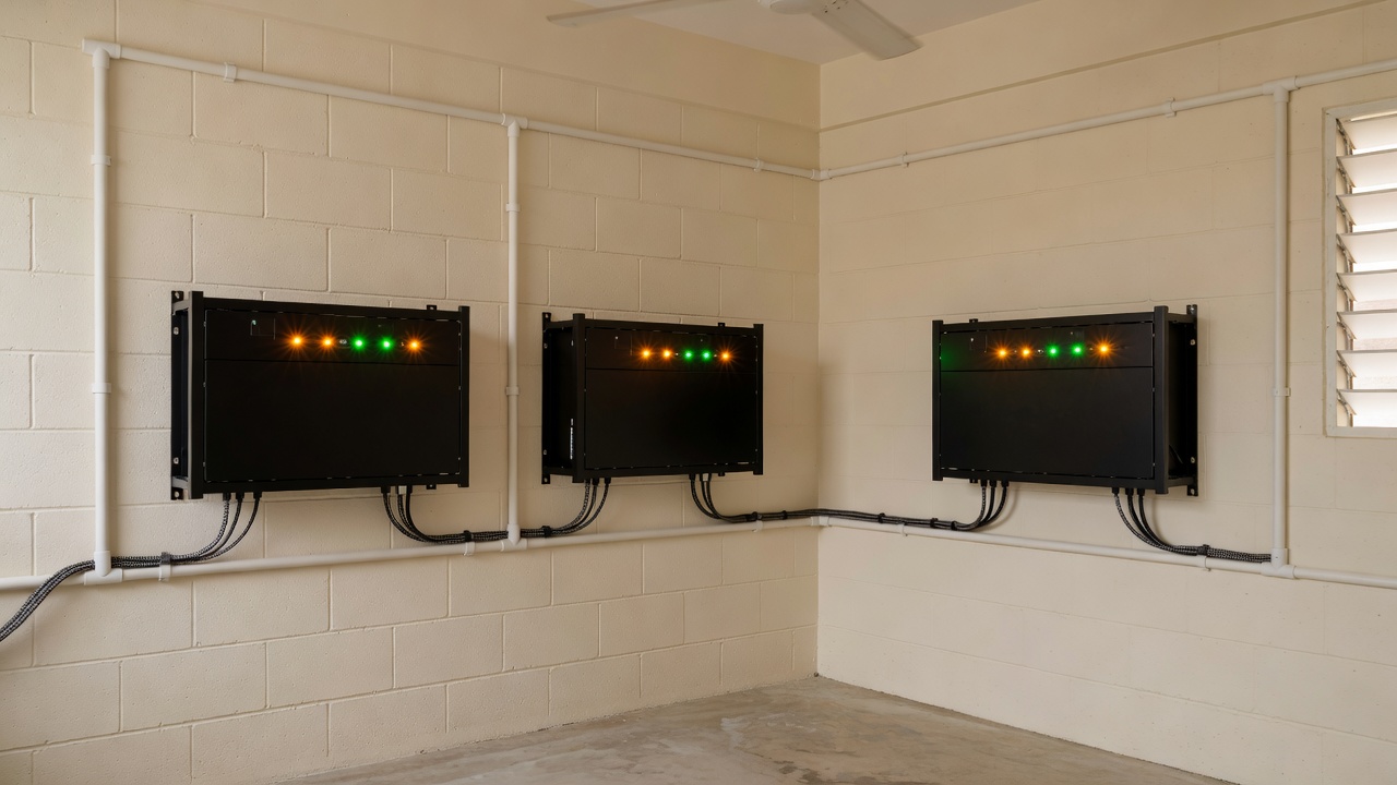 Three wall-mounted LiFePO4 battery racks inside a tidy Philippine utility room — amber and green status LEDs glow agains